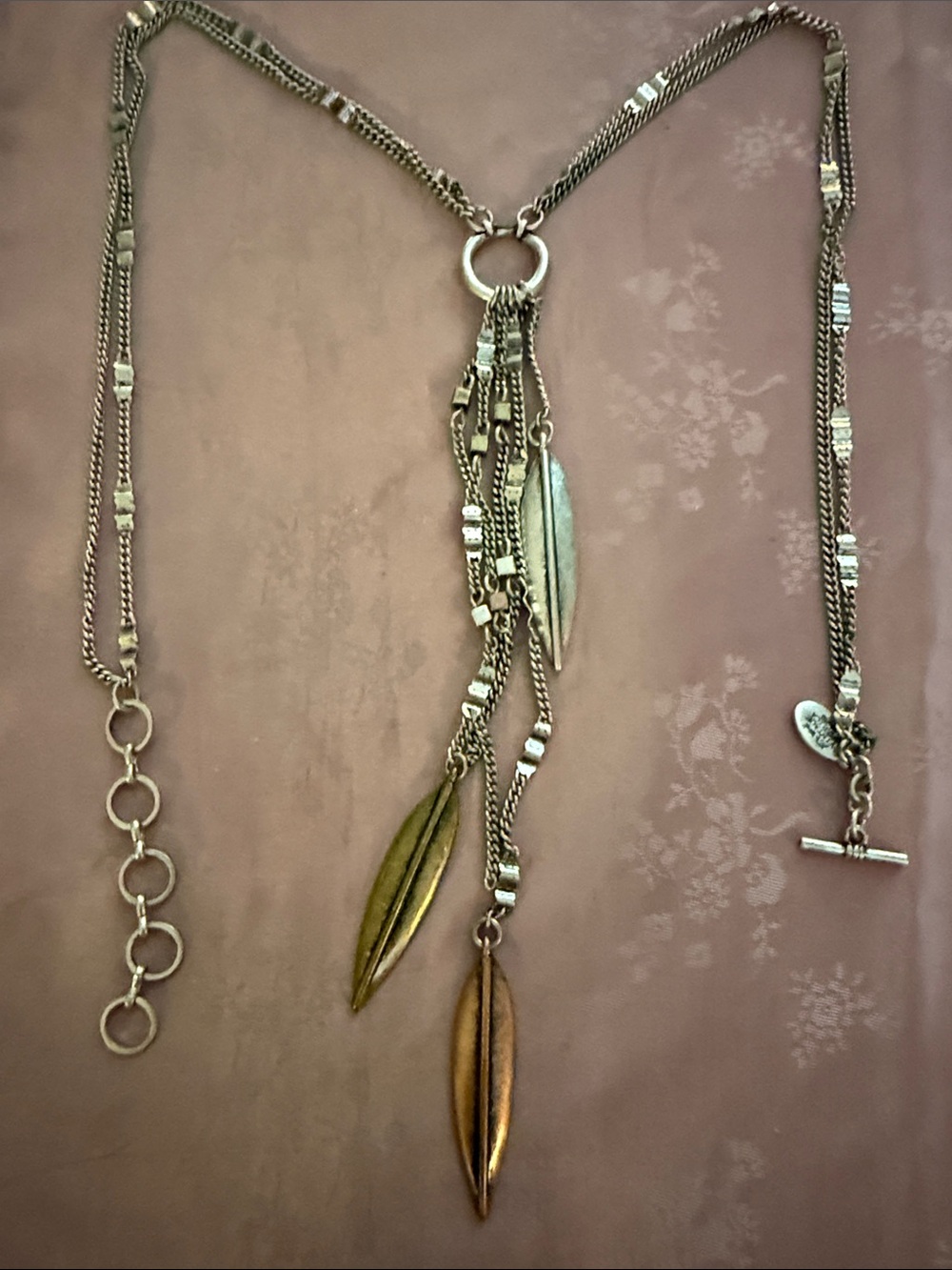 Nike Multi-Tone Leaf Pendant Long Necklace - Gold, Silver, Bronze